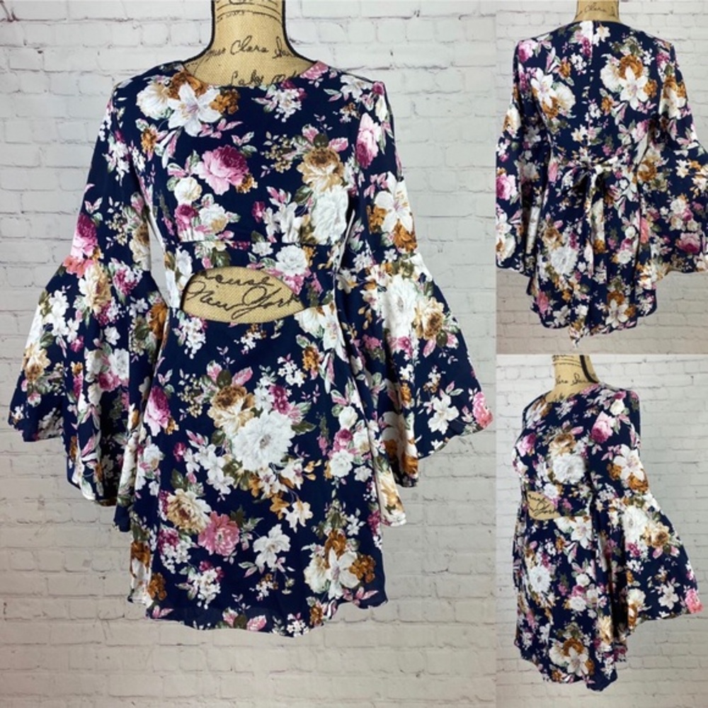 Listicle Blue Floral Front Cutout Bell Sleeve Dress